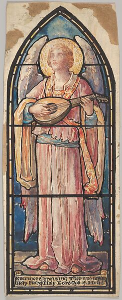 Angel Playing a Lute: Design for a Stained Glass Window, Designed and drawn by D. Maitland Armstrong (American, Newburgh, New York 1836–1918 New York), Watercolor and pen and ink 