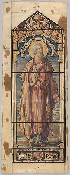 St. Andrew, Representing Obedience: Design for a Stained Glass Window, First Presbyterian Church, Flemington, New Jersey (one of a set of seven), Designed and drawn by D. Maitland Armstrong (American, Newburgh, New York 1836–1918 New York), Watercolor and pen and ink 