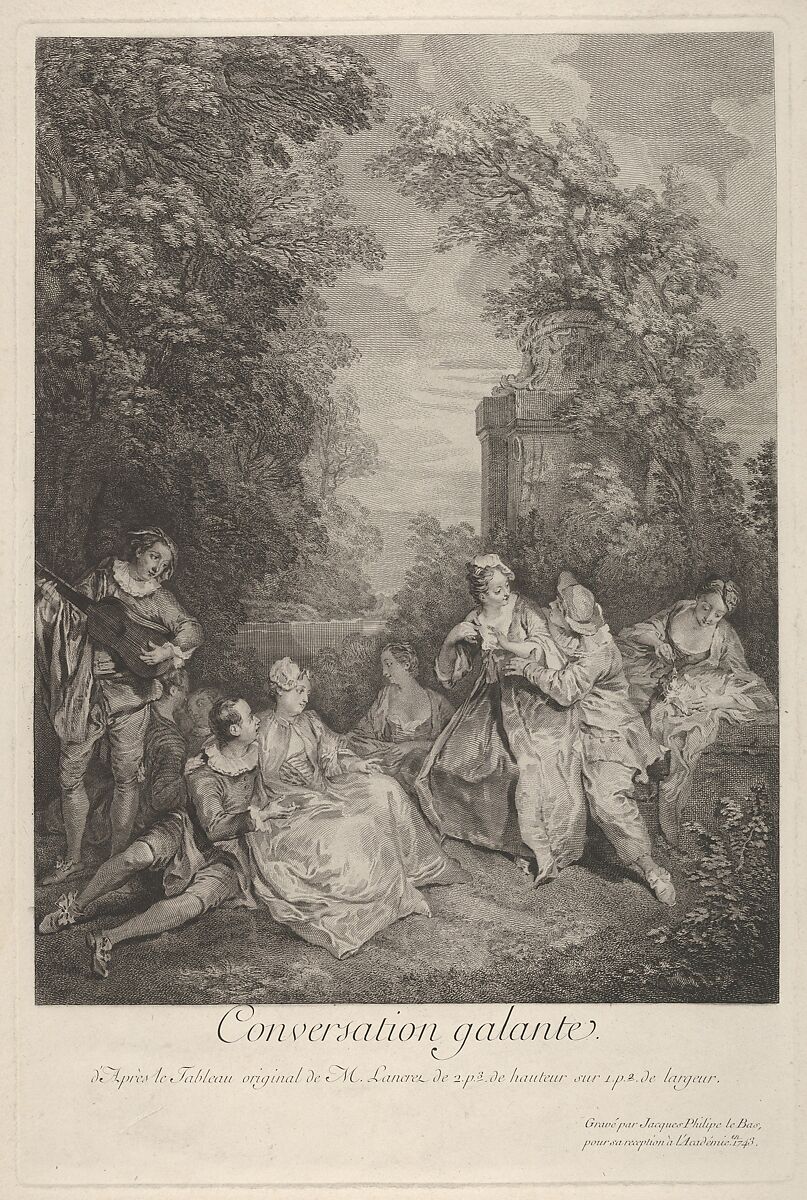 'Gallant conversation' (Conversation galante): couples engage in conversation in a garden setting, at left a musician plays for the group, at right a woman holds a reclining lap dog, Jacques Philippe Le Bas (French, Paris 1707–1783 Paris), Etching and engraving 