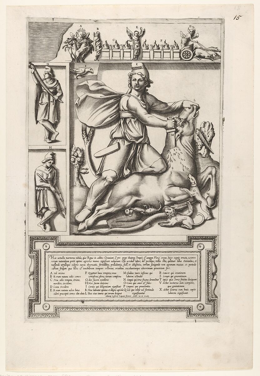 Relief with Mithras kneeling upon a bull and driving a sword into its shoulder, at left two smaller standing figures, one holding a sheathed sword and one holding a sword, a frieze with chariots and serpents coiled around figures above, Anonymous, Italian, 16th century, Engraving 