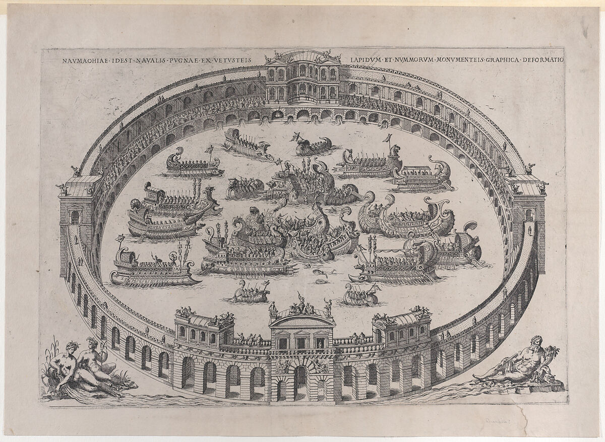 Naval engagement set inside a Roman arena,  with the river Tiber and nymphs at lower left and right, Etienne DuPérac (French, ca. 1535–1604), Etching