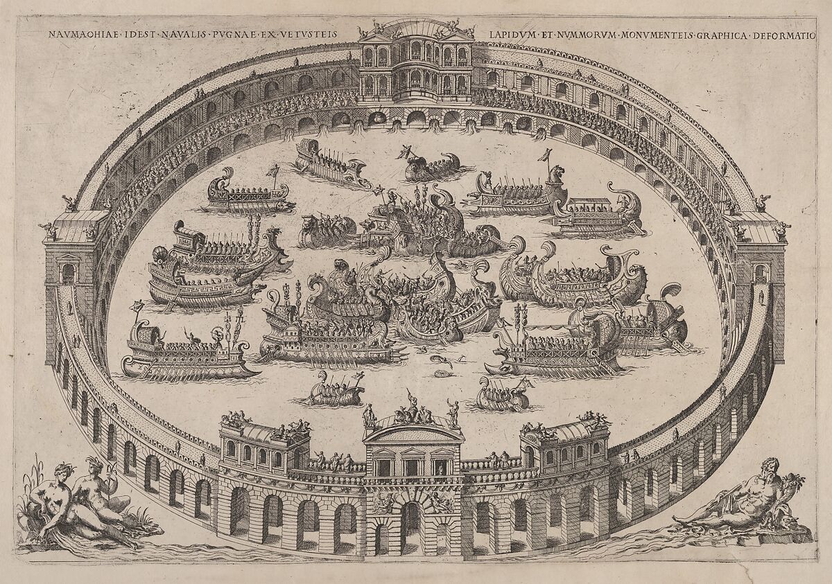 Naval engagement set inside a Roman arena,  with the river Tiber and nymphs at lower left and right, Etienne DuPérac (French, ca. 1535–1604), Etching 