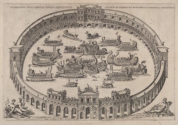Naval engagement set inside a Roman arena,  with the river Tiber and nymphs at lower left and right