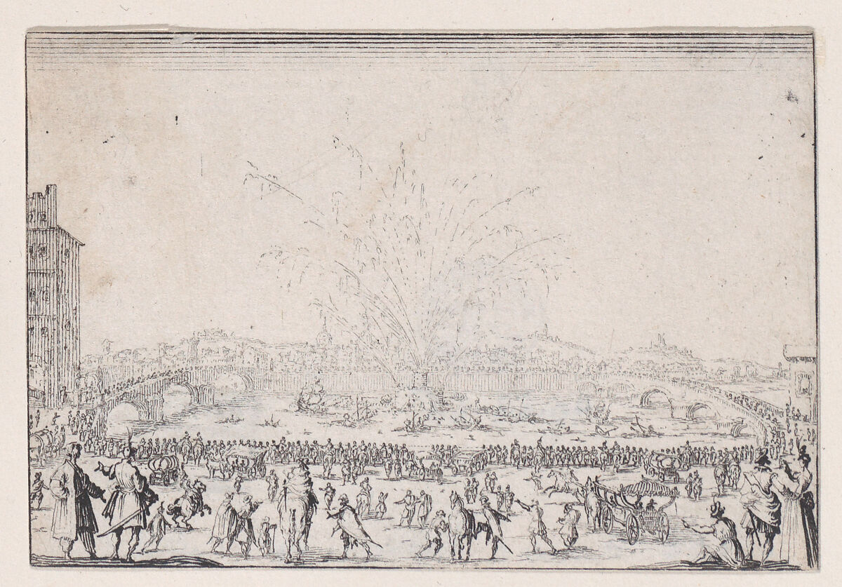 Le Feu d'Artifice sur l'Arno (Fireworks on the Arno), from Les Caprices Series A, The Florence Set, Jacques Callot (French, Nancy 1592–1635 Nancy), Etching 