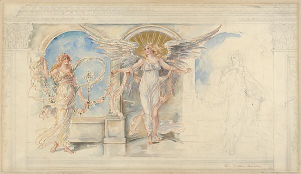 Angel, Flora and Pomona: Design for a Panel To be Placed Over a Dining Room Sideboard in an Apartment Hotel, Helen Maitland Armstrong (American (born Italy), Florence 1869–1948 New York), Watercolor, gold paint, pen and ink and graphite 