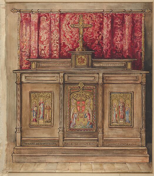 Design for the Side Altar, Church of the Ascension, New York, Helen Maitland Armstrong (American (born Italy), Florence 1869–1948 New York), Watercolor, gold paint, pen and ink 