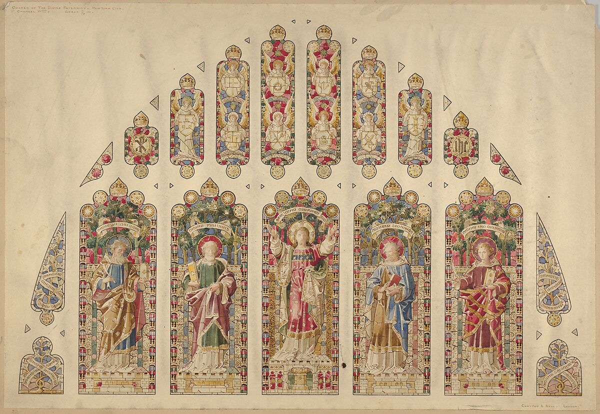 Design for a Multi-paned Stained-glass Window, Church of the Divine Paternity, New York, Designed by Clayton and Bell (London), Watercolor and pen and ink 