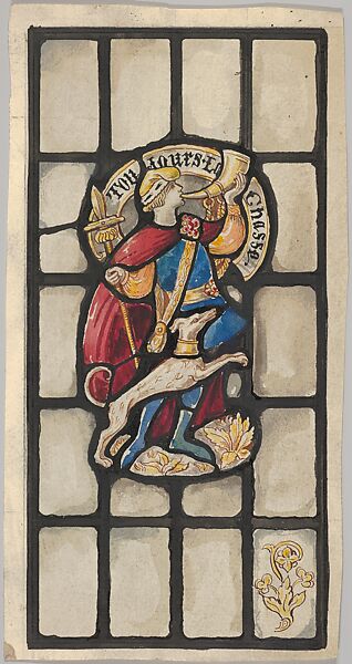 Hunter and Hound: Design for a Stained Glass Window (probably for the Belmont House, New York), Helen Maitland Armstrong (American (born Italy), Florence 1869–1948 New York), Watercolor and pen and ink 