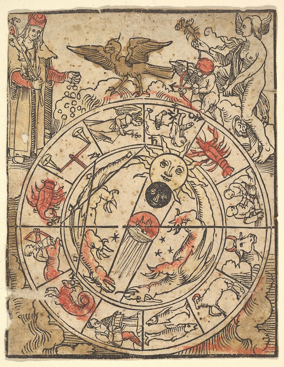 Chart of the Signs of the Zodiac with Venus, Cupid, and a Bishop Saint, Hans Baldung (called Hans Baldung Grien) (German, Schwäbisch Gmünd (?) 1484/85–1545 Strasbourg), Woodcut; hand-colored 