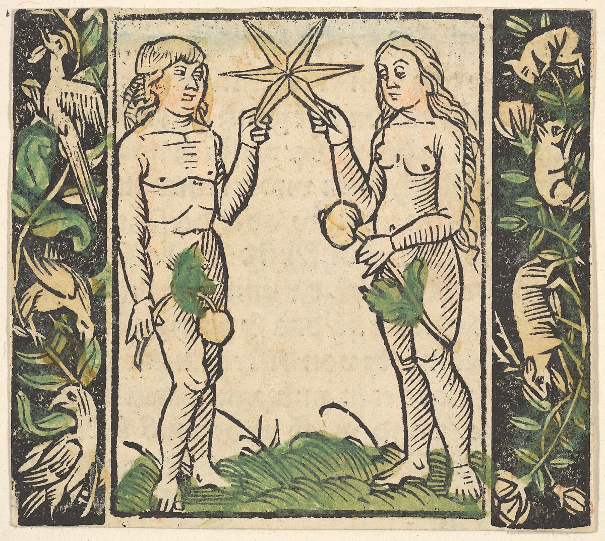 Adam and Eve Holding a Star, illustration from Beschlossen Gart des Rosenkranz Mariae, Hans Baldung (called Hans Baldung Grien) (German, Schwäbisch Gmünd (?) 1484/85–1545 Strasbourg), Woodcut, hand-colored 