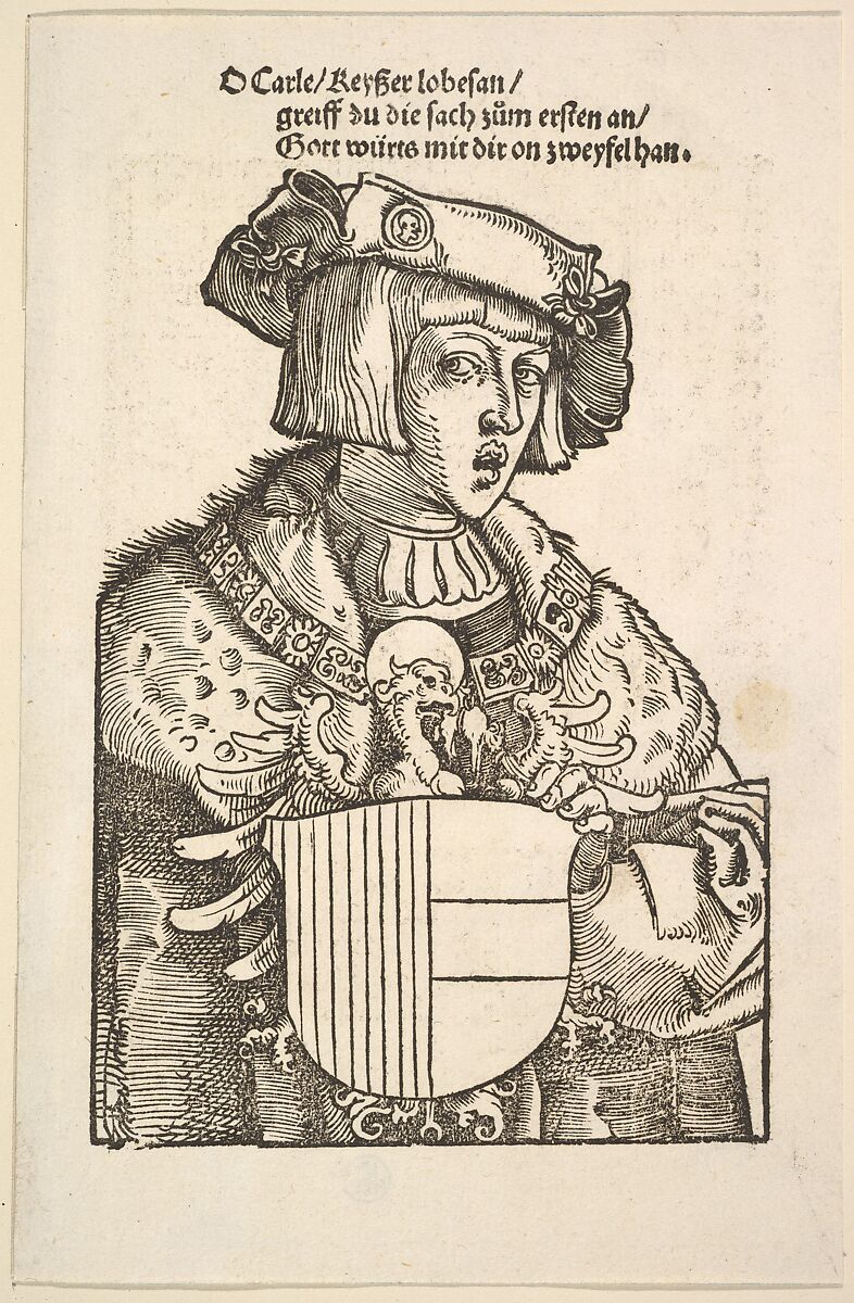Portrait of Charles V, Hans Baldung (called Hans Baldung Grien) (German, Schwäbisch Gmünd (?) 1484/85–1545 Strasbourg), Woodcut and letterpress text 