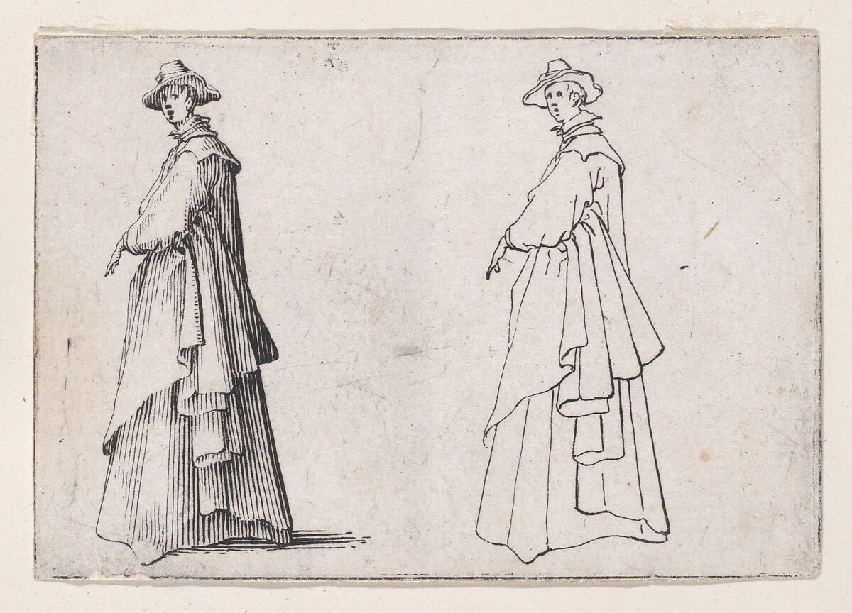 La Dame au Vêtement Ample (The Lady with Ample Clothing), from Les Caprices Series A, The Florence Set, Jacques Callot (French, Nancy 1592–1635 Nancy), Etching 