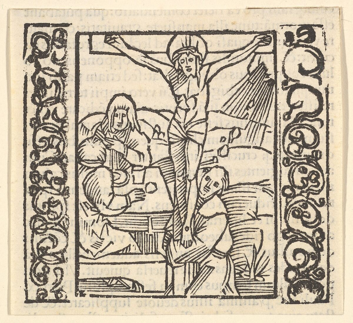 Crucifixion by a table, illustration from Speculum Passionis, 1507, Hans Baldung (called Hans Baldung Grien) (German, Schwäbisch Gmünd (?) 1484/85–1545 Strasbourg), Woodcut with letterpress text verso 