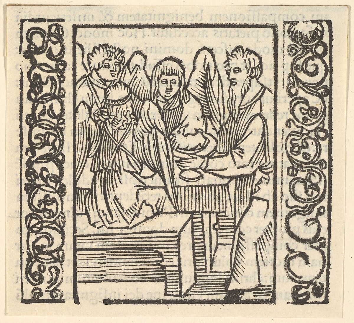 Angels Served at a Table, illustration from Speculum Passionis, 1507, Hans Baldung (called Hans Baldung Grien) (German, Schwäbisch Gmünd (?) 1484/85–1545 Strasbourg), Woodcut with letterpress text verso 