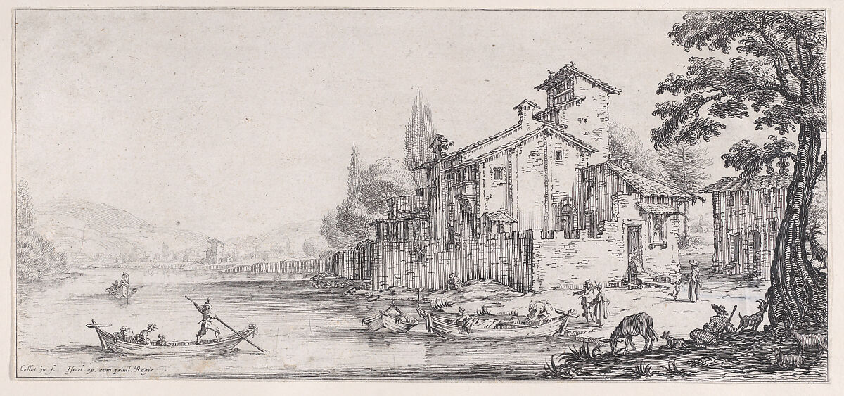 La Promenade sur L'Eau (The Walk by the Water), from "Paysages Gravés pour Jean de Médicis appelées aussi Paysages Dessinés a Florence, Vues de Florence, Paysages d'Italie, et Paysages Définitifs" (Landscapes Engraved for Giovanni de'Medici, Landscapes Designed in Florence, Views of Florence, Landscapes of Italy, and Definitive Landscapes), Jacques Callot (French, Nancy 1592–1635 Nancy), Etching; second state of two (Lieure) 