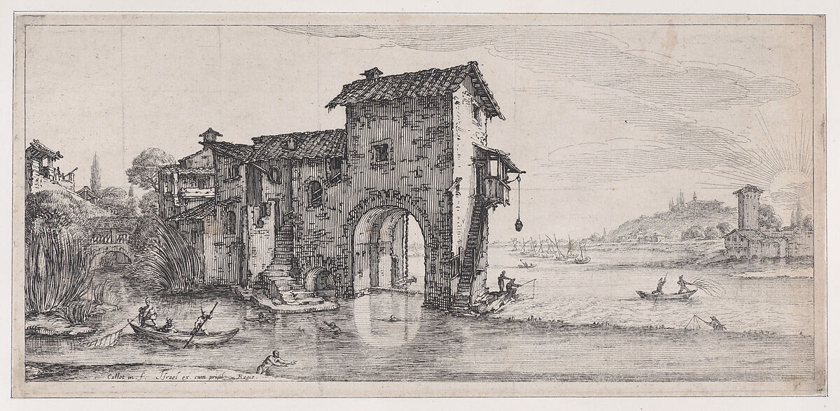 Le Moulin a Eau (The Water Mill), from Paysages Gravés pour Jean de Médicis appelées aussi Paysages Dessinés a Florence, Vues de Florence, Paysages d'Italie, et Paysages Définitifs (Landscapes Engraved for Giovanni de'Medici, Landscapes Designed in Florence, Views of Florence, Landscapes of Italy, and Definitive Landscapes), Jacques Callot (French, Nancy 1592–1635 Nancy), Etching; second state of three (Lieure) 