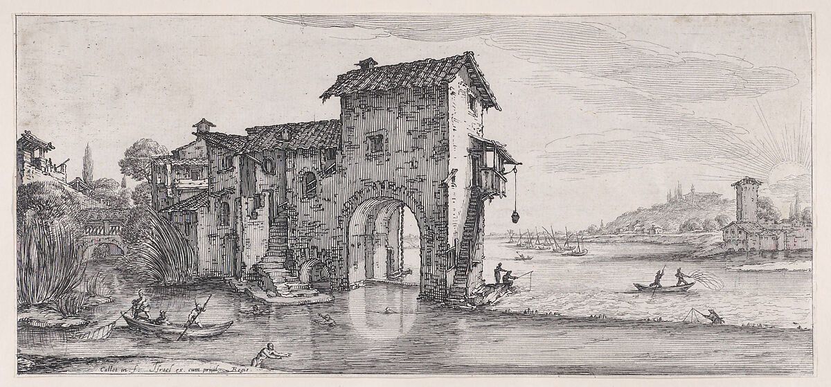 Le Moulin a Eau (The Water Mill), from "Paysages Gravés pour Jean de Médicis appelées aussi Paysages Dessinés a Florence, Vues de Florence, Paysages d'Italie, et Paysages Définitifs" (Landscapes Engraved for Giovanni de'Medici, Landscapes Designed in Florence, Views of Florence, Landscapes of Italy, and Definitive Landscapes), Jacques Callot (French, Nancy 1592–1635 Nancy), Etching; second state of three (Lieure) 