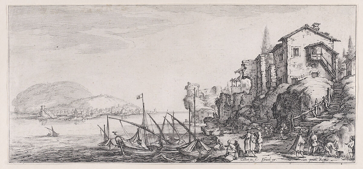 Le Petit Port pièce appelée aussi Le Port de Mer (The Small Port also called the Seaport), from "Paysages Gravés pour Jean de Médicis appelées aussi Paysages Dessinés a Florence, Vues de Florence, Paysages d'Italie, et Paysages Définitifs" (Landscapes Engraved for Giovanni de'Medici, Landscapes Designed in Florence, Views of Florence, Landscapes of Italy, and Definitive Landscapes), Jacques Callot (French, Nancy 1592–1635 Nancy), Etching; second state of three (Lieure) 