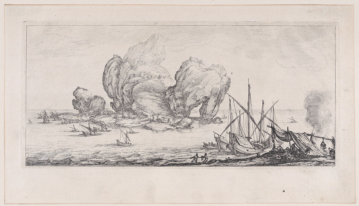 Le Grand Rocher (The Large Rock), from "Paysages Gravés pour Jean de Médicis appelées aussi Paysages Dessinés a Florence, Vues de Florence, Paysages d'Italie, et Paysages Définitifs" (Landscapes Engraved for Giovanni de'Medici, Landscapes Designed in Florence, Views of Florence, Landscapes of Italy, and Definitive Landscapes), Jacques Callot (French, Nancy 1592–1635 Nancy), Etching; second state of two (Lieure) 