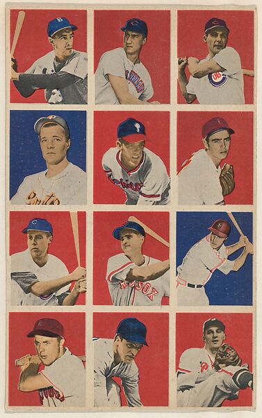 Uncut sheet, part of the 1949 Bowman Baseball series (R406-2) issued by Bowman Gum Company.  Includes Billy Cox-No.73, Hank Sauer-No.5, Phil Cavarretta-No.6, Bob Chester-No.13, Curt Simmons-No.14, Ned Garver-No.15, Harry "P-Nuts" Lowrey-No.22, Bobby Doerr-No.23-Stan Musial-No.24, Dick Kokos-No.31, Eddie Yost-No.32, Warren Spahn-No. 33., Bowman Gum Company, Commercial color lithograph 