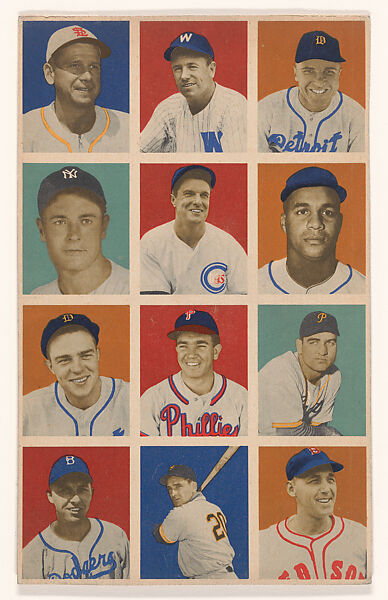 Uncut sheet, part of the 1949 Bowman Baseball series (R406-2) issued by Bowman Gum Company. Includes Jerry Priddy-No.4, Tom McBride-No.74, Eddie Mayo-No.75, Joe Page-No.82, Bob Scheffing-No.83, Roy Campanella-No.84, Dick Wakefield-No.91, Willie "Puddin-Head" Jones-No.92, Ed Stevens-No.93, Gil Hodges-No.100, Sid Gordon-No.101, Stan Spence-No.102., Bowman Gum Company, Commercial color lithograph 