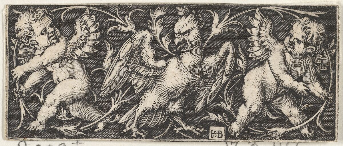 Horizontal Panel with an Eagle Flanked by Two Genii, Sebald Beham (German, Nuremberg 1500–1550 Frankfurt), Engraving; first state of two (Pauli) 
