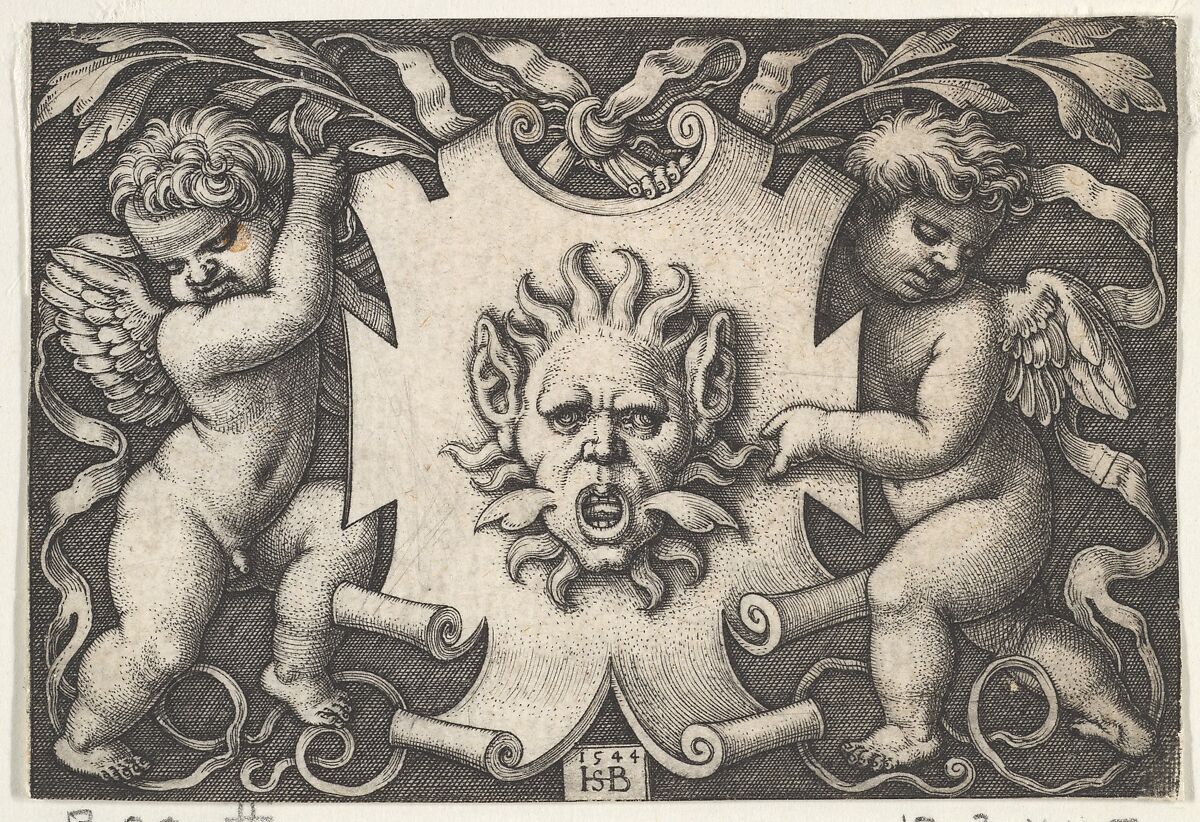 A Mask on an Escutcheon Supported by Two Genii, Sebald Beham (German, Nuremberg 1500–1550 Frankfurt), Engraving; second state of two (Pauli) 