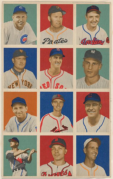 Uncut sheet, part of the 1949 Bowman Baseball series (R406-2) issued by Bowman Gum Company.  Includes Bill Nicholson-No.76, Ernie (Jumbo & Tiny) Bonham-No.77, Sam Zoldak-No.78, Johnny "Big John" Mize-No.85, Johnny Pesky-No.86, Randy Gumpert-No.87, James "Mickey" Vernon-No.94, Howie Pollet-No.95, Taft Wright-No.96, Joe Tipton-No.103, Ed Stanky-No.104, Bill Kennedy-No.105., Bowman Gum Company, Commercial color lithograph 