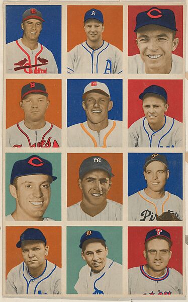 Uncut sheet, part of the 1949 Bowman Baseball series (R406-2) issued by Bowman Gum Company.  Includes Ron Northy-No.79, Bill McCahan-No.80, Virgil "Red" Stallcup-No.81, Bill Salkeld-No.88, Mizell "Whitie" Platt-No.89, Gil Coan-No.90. Danny Litwhiler-No.97, Phil Rizzuto-No.98, Frank Gustine-No.99, Jake Early-No. 106, Eddie Lake-No. 107, Ken Heintzelman-No. 108., Bowman Gum Company, Commercial color lithograph