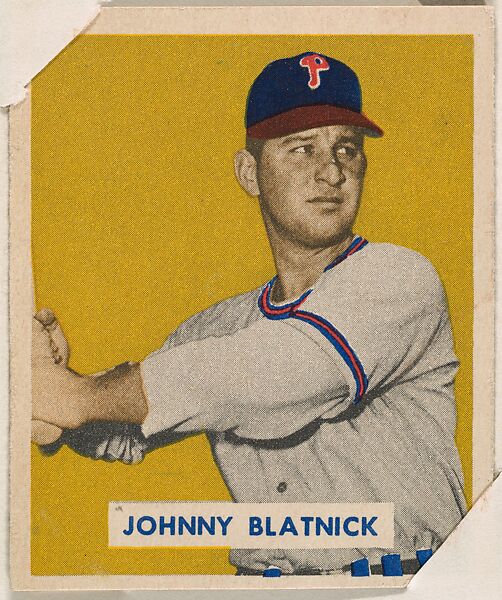 Johnny Blatnick, part of the 1949 Bowman Baseball series (R406-2) issued by Bowman Gum Company., Bowman Gum Company, Commercial color lithograph 