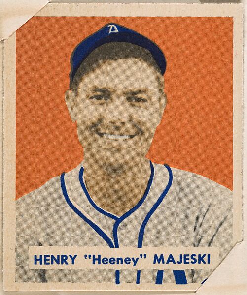 Henry "Heeney" Majeski (orange background), part of the 1949 Bowman Baseball series (R406-2) issued by Bowman Gum Company., Bowman Gum Company, Commercial color lithograph 