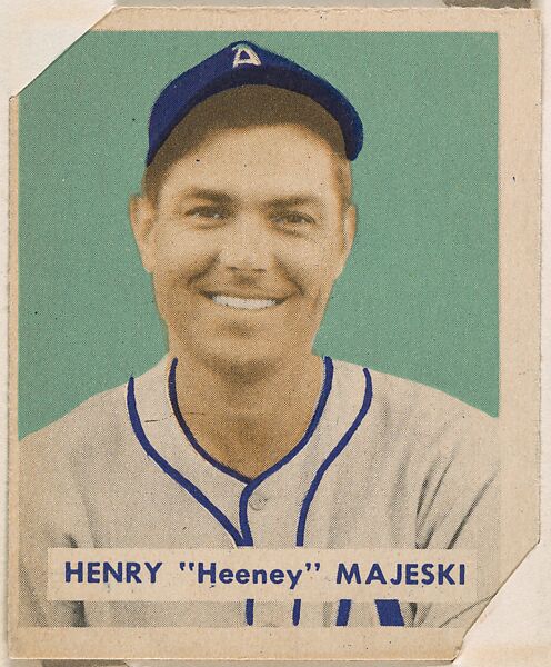 Henry "Heeney" Majeski (green background), part of the 1949 Bowman Baseball series (R406-2) issued by Bowman Gum Company., Bowman Gum Company, Commercial color lithograph 