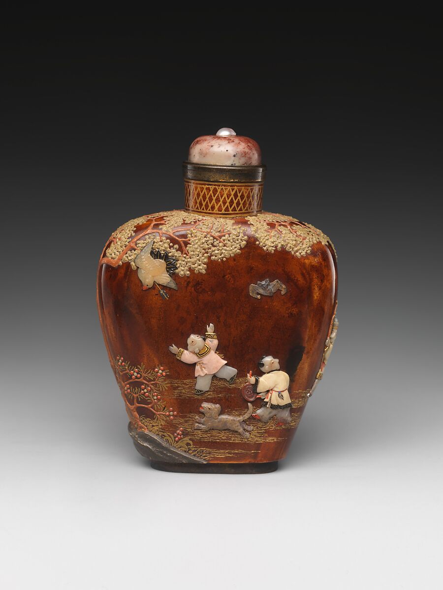 Snuff Bottle, Lacquer on metal, patterned with colored stones, China