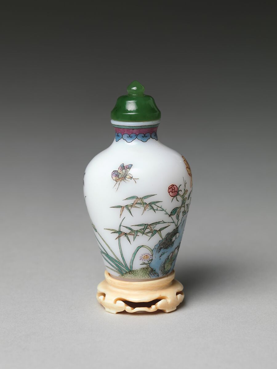 Snuff bottle with flowers and rocks, Painted enamel on glass with nephrite stopper, China
