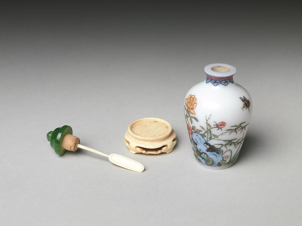 Snuff Bottle with Flowers and Rocks, Painted enamel on glass with nephrite stopper, China