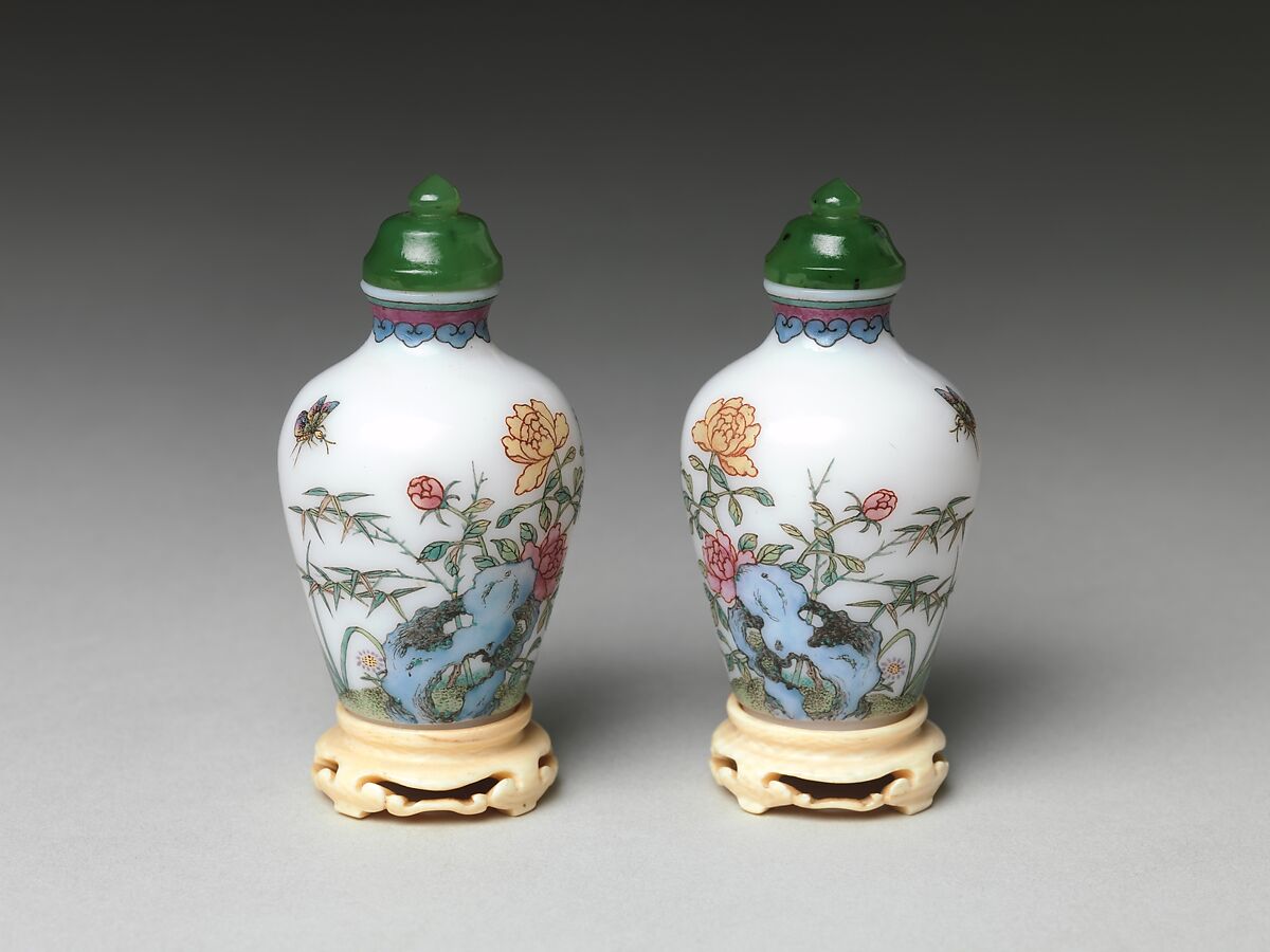 Snuff Bottle with Flowers and Rocks, Painted enamel on glass with nephrite stopper, China