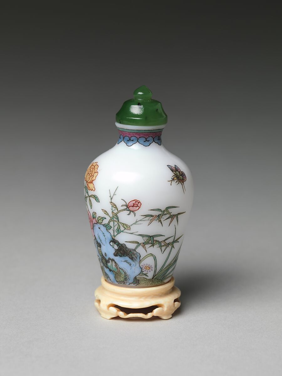 Snuff Bottle with Flowers and Rocks, Painted enamel on glass with nephrite stopper, China