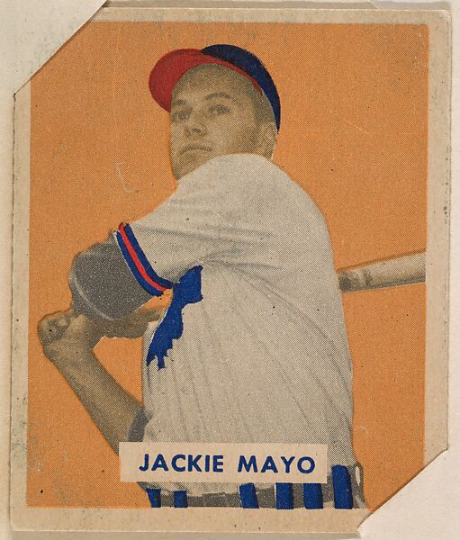 Jackie Mayo, part of the 1949 Bowman Baseball series (R406-2) issued by Bowman Gum Company., Bowman Gum Company, Commercial color lithograph 