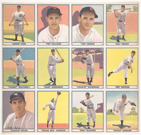 Uncut Sheet from the Play Ball, Sports Hall of Fame series (R336) including "Jimmie" Foxx, "Ted" Williams, "Joe" Cronin, "Hal" Trosky, "Stormy" Weatherly, "Hank" Greenberg, "Charley" Gehringer, "Red" Ruffing, "Charlie" Keller, "Indian Bob" Johnson, "Mac" McQuinn, "Dutch" Leonard, Gum, Inc. (Philadelphia, Pennsylvania), Commercial lithograph 