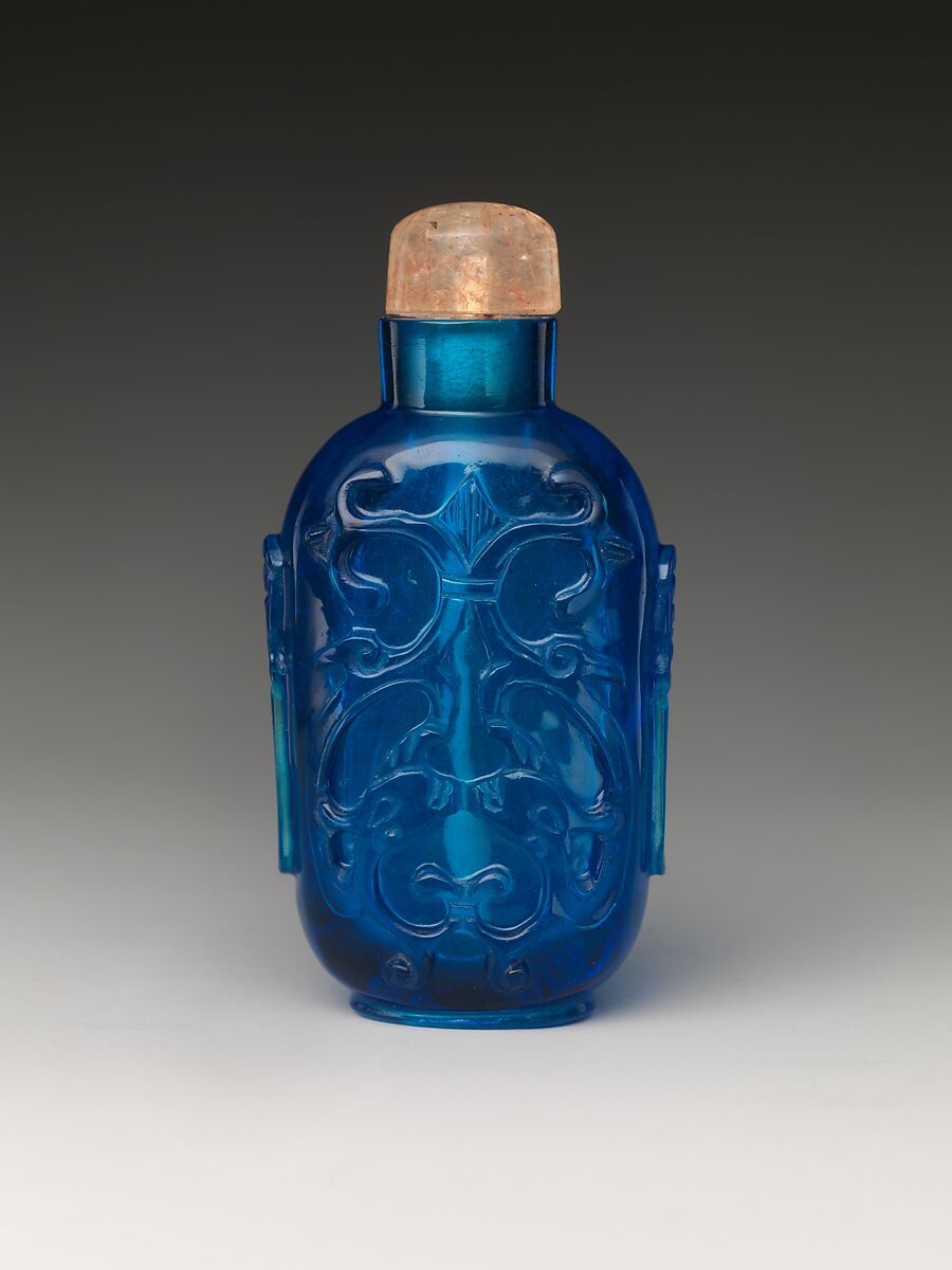 Snuff Bottle with Antiquarian Design, Blue glass with rose quartz stopper, China