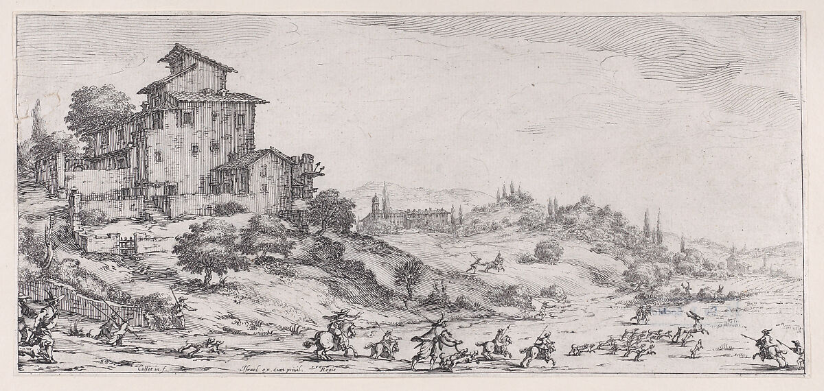 Le Chasse au Cerf (The Stag Hunt), from "Paysages Gravés pour Jean de Médicis appelées aussi Paysages Dessinés a Florence, Vues de Florence, Paysages d'Italie, et Paysages Définitifs" (Landscapes Engraved for Giovanni de'Medici, Landscapes Designed in Florence, Views of Florence, Landscapes of Italy, and Definitive Landscapes), Jacques Callot (French, Nancy 1592–1635 Nancy), Etching; second state of three (Lieure) 