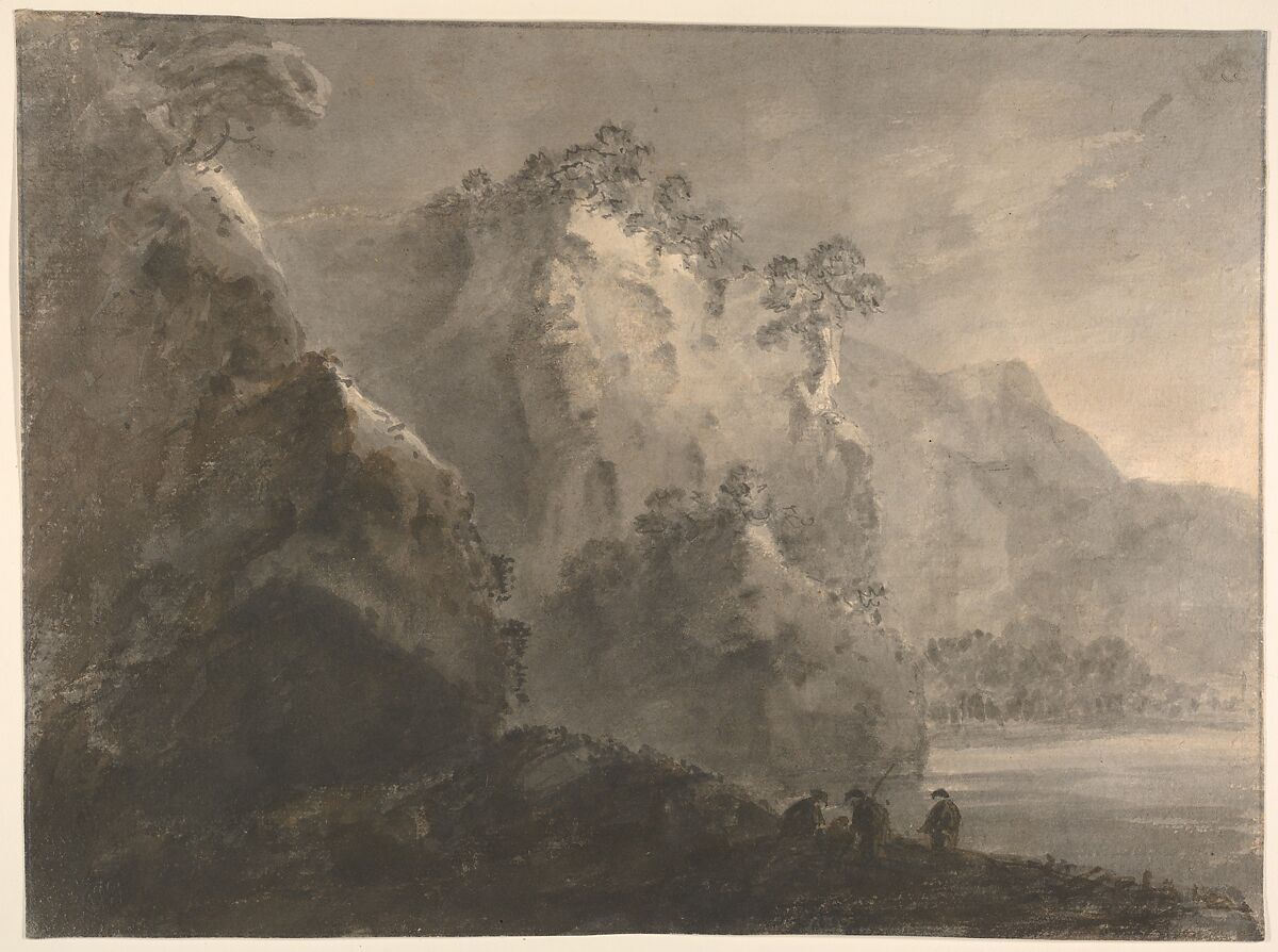 Landscape with hills, a lake, and figures, William Gilpin (British, Scaleby, Cumbria 1724–1804 Boldre, Hampshire), Pen and black ink, brush and gray wash, on buff paper 