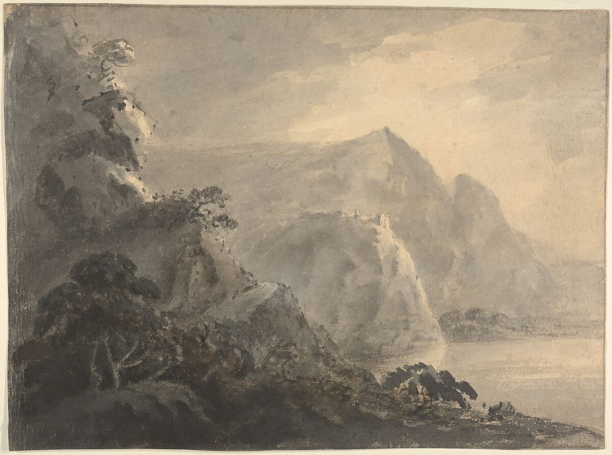 Landscape with hills and a lake, William Gilpin (British, Scaleby, Cumbria 1724–1804 Boldre, Hampshire), Pen and black ink, brush and gray wash, on buff paper 