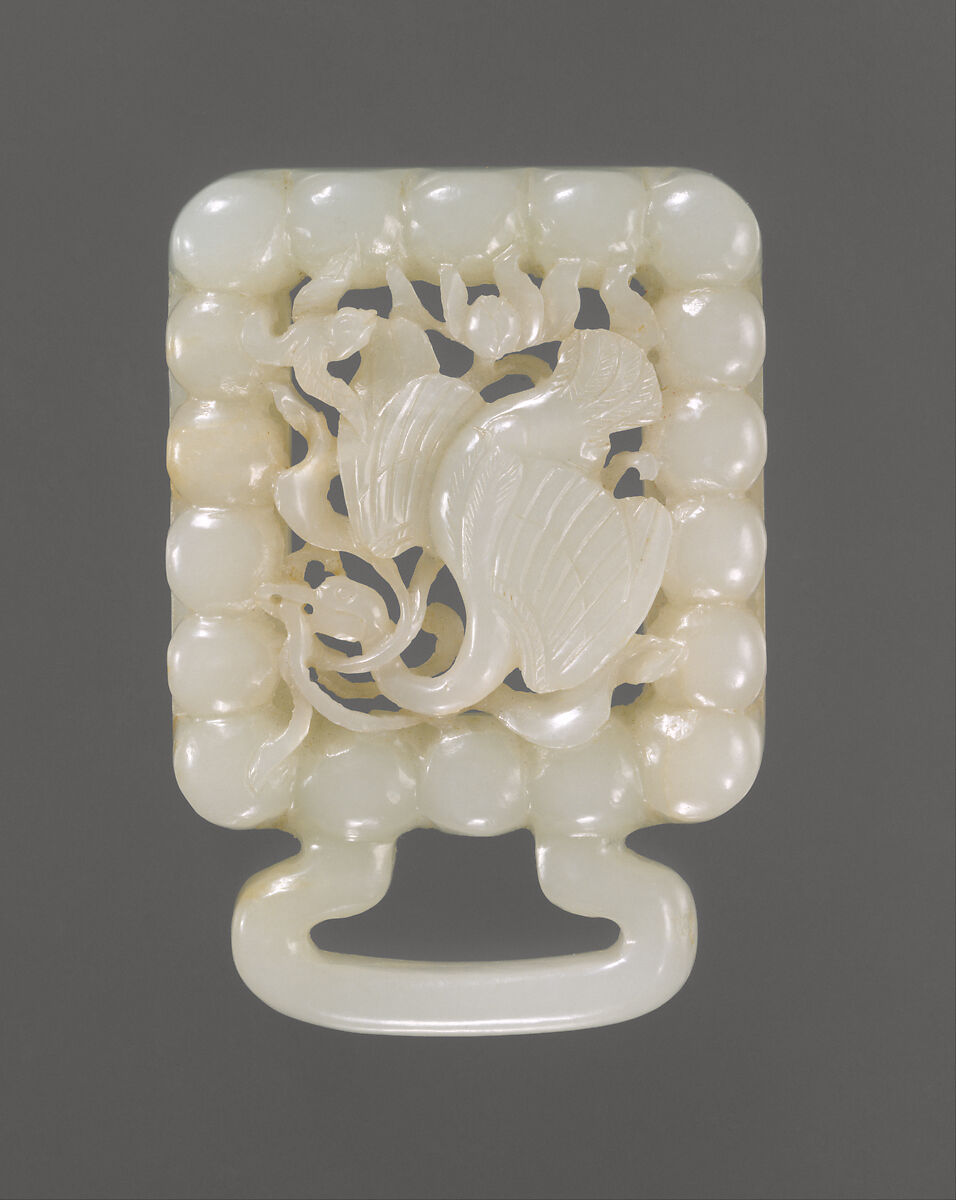 Belt slide with a falcon attacking a swan, Jade (nephrite), China 