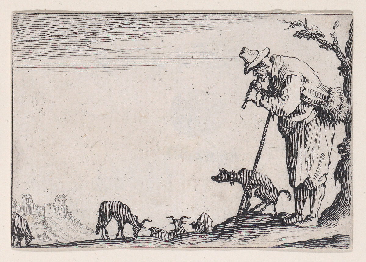 Le Berger Jouant de la Flute (The Shepherd Playing the Flute), from Les Caprices Series A, The Florence Set, Jacques Callot (French, Nancy 1592–1635 Nancy), Etching 