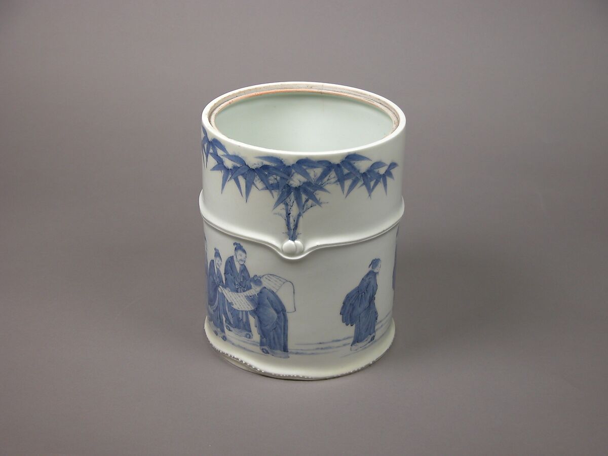 Water Jar for the Tea Ceremony with Seven Sages of the Bamboo Grove Design, Porcelain with underglaze blue decoration; lacquer cover; (Hirado ware), Japan