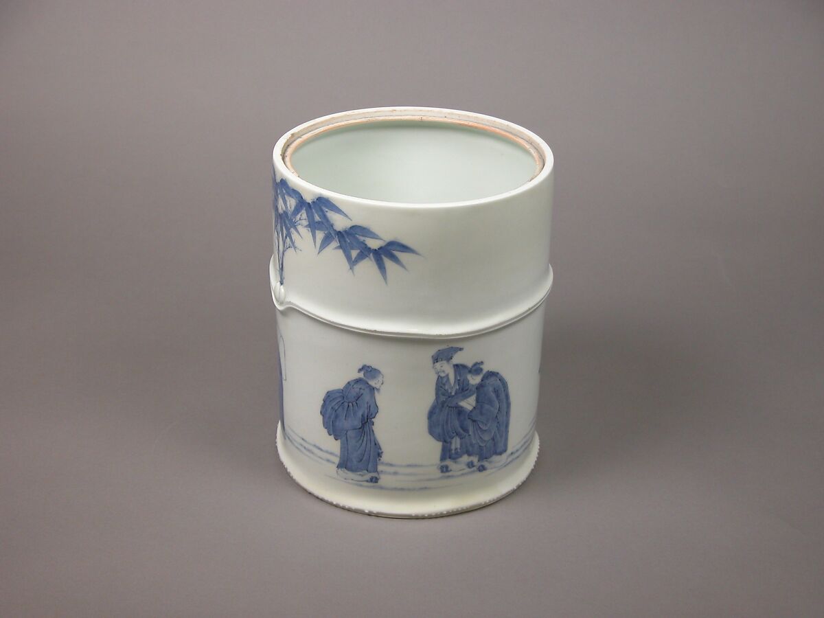 Water Jar for the Tea Ceremony with Seven Sages of the Bamboo Grove Design, Porcelain with underglaze blue decoration; lacquer cover; (Hirado ware), Japan