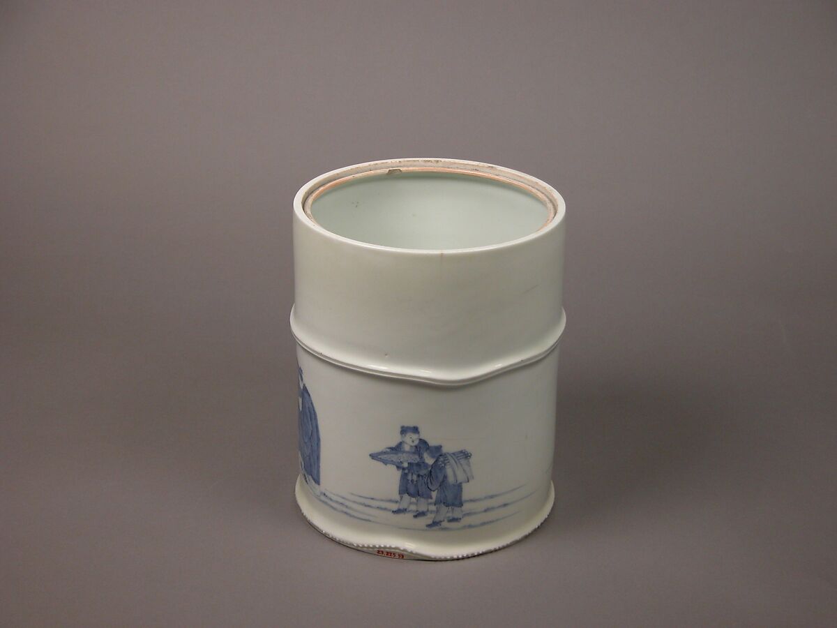 Water Jar for the Tea Ceremony with Seven Sages of the Bamboo Grove Design, Porcelain with underglaze blue decoration; lacquer cover; (Hirado ware), Japan