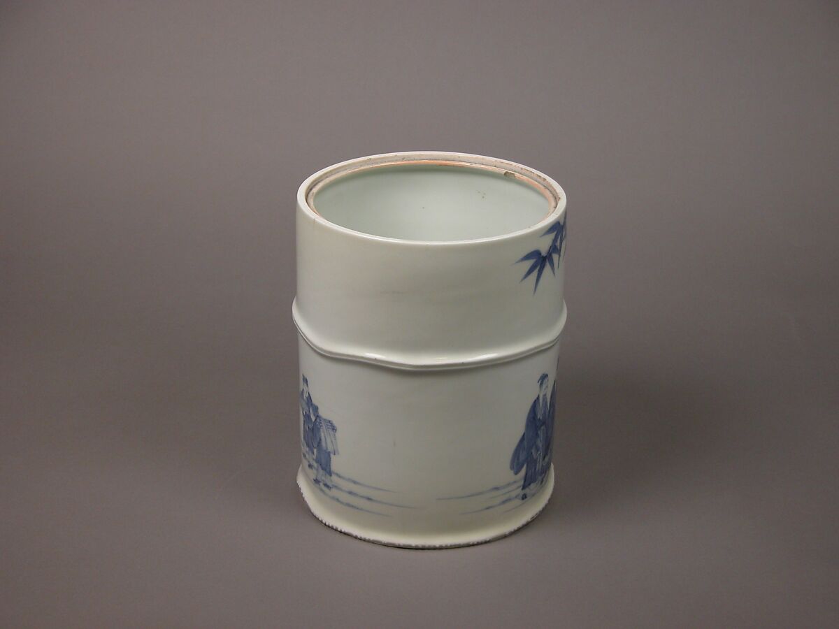 Water Jar for the Tea Ceremony with Seven Sages of the Bamboo Grove Design, Porcelain with underglaze blue decoration; lacquer cover; (Hirado ware), Japan