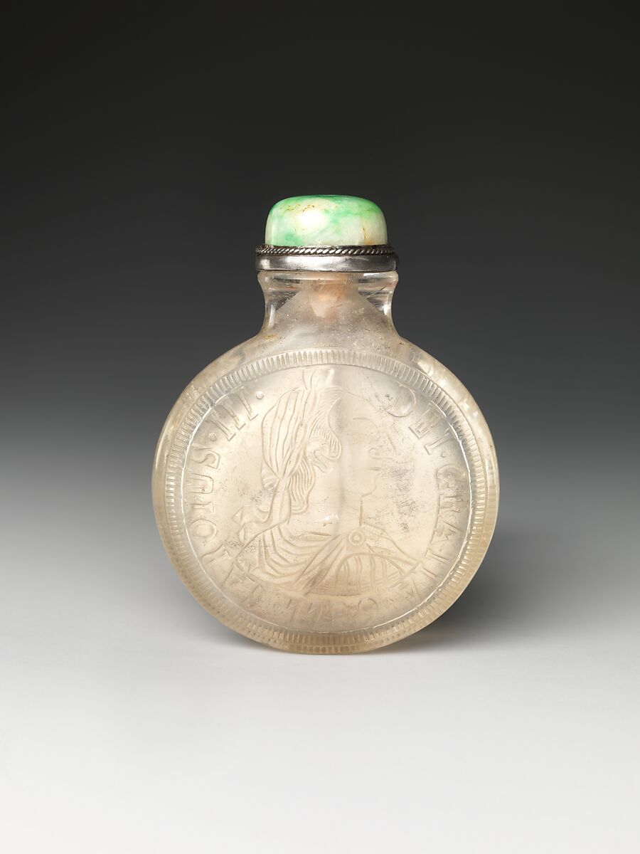 Snuff bottle with Mexican eight reales coin, Rock crystal with jadeite stopper, China 